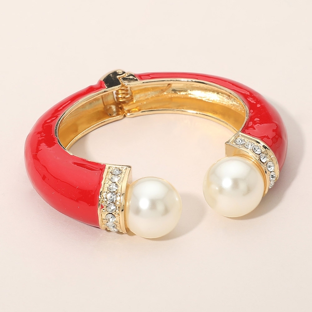 Red Gold Pearl Tip Enamel Cuff Hinged Bracelet Fashion Statement Accessory